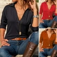 thumbnail image 2 of Women Tops Lapel V-Neck Long Sleeve Loose Fit Pullover Tops Solid Color Casual Warm Comfortable Blouse, 2 of 8