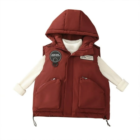 IVEYRTF Kids Hooded Vests Sleeveless Puffer Jacket Warm Winter Wear for Boys Girls Children Cozy Outerwear No Sleeve Top with Pocket Outdoor Indoor(Wine#1 7-8 Years)