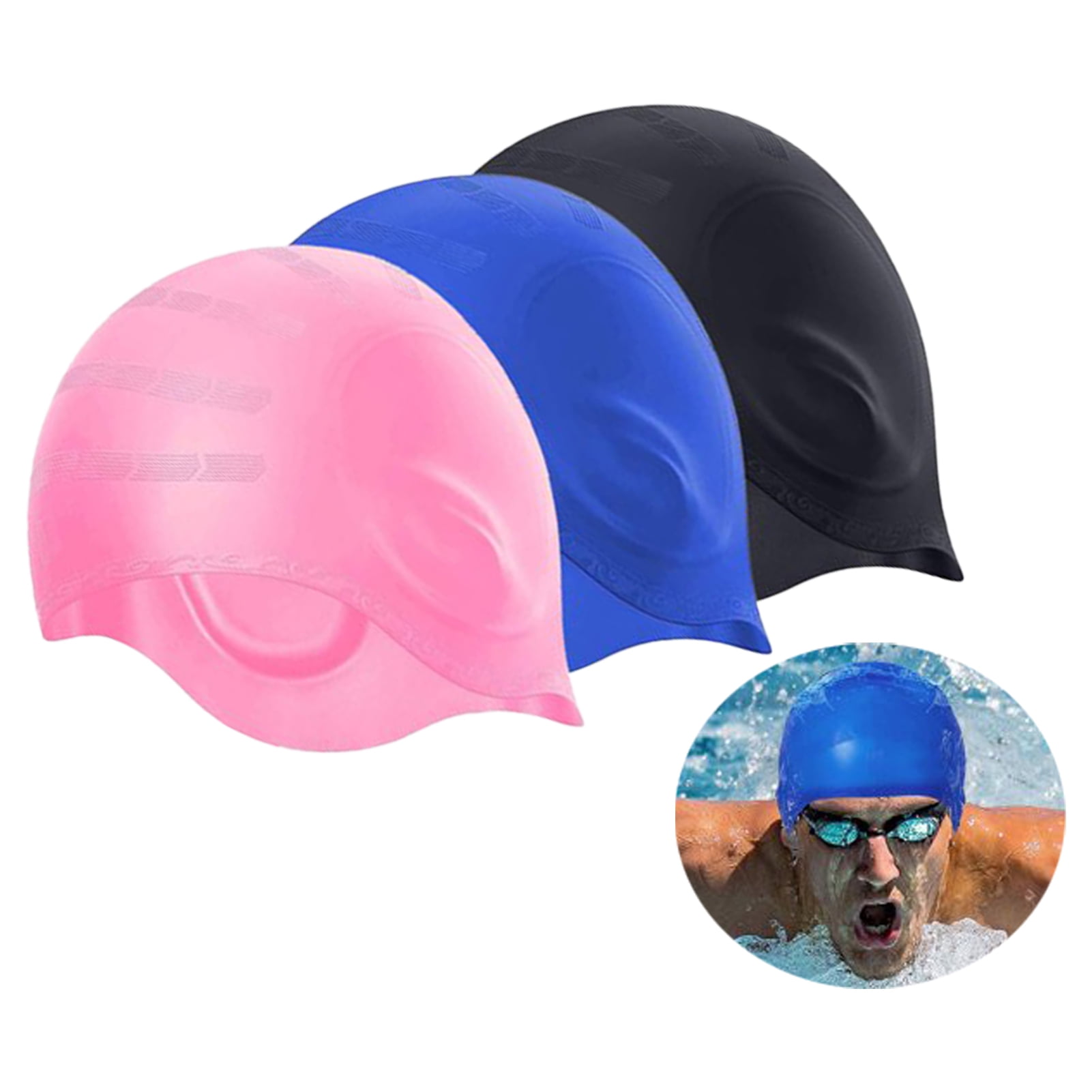 PWFE Silicone Swim Cap,Ear Protection 3D Waterproof Bathing Solid Swimming for Adult(Black+Blue