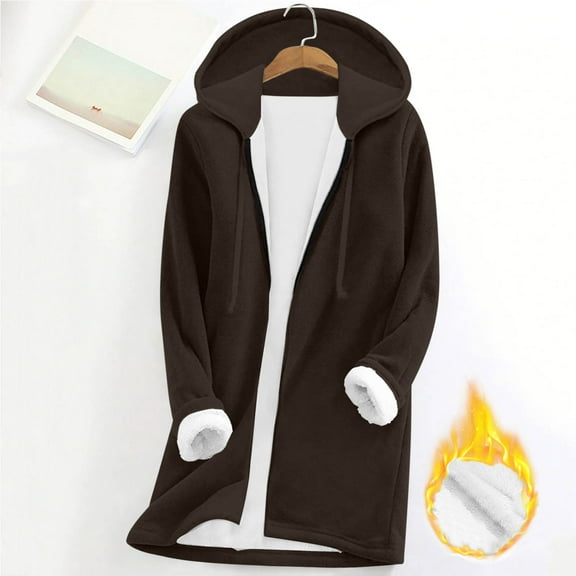 GaThRRgYP Fuzzy Fleece Jacket Women,Women Fall and Winter Loose Hooded Full Zipper Thickened Fleece Lambhair Warm Jacket with Pockets Brown S