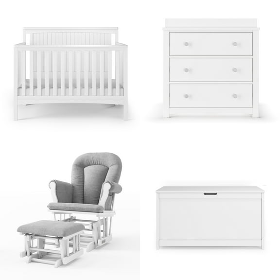 Child Craft Scout Crib, Dresser, Glider & Toy Box Nursery Set, 4-in-1 Convertible, Matte White, 4-Piece
