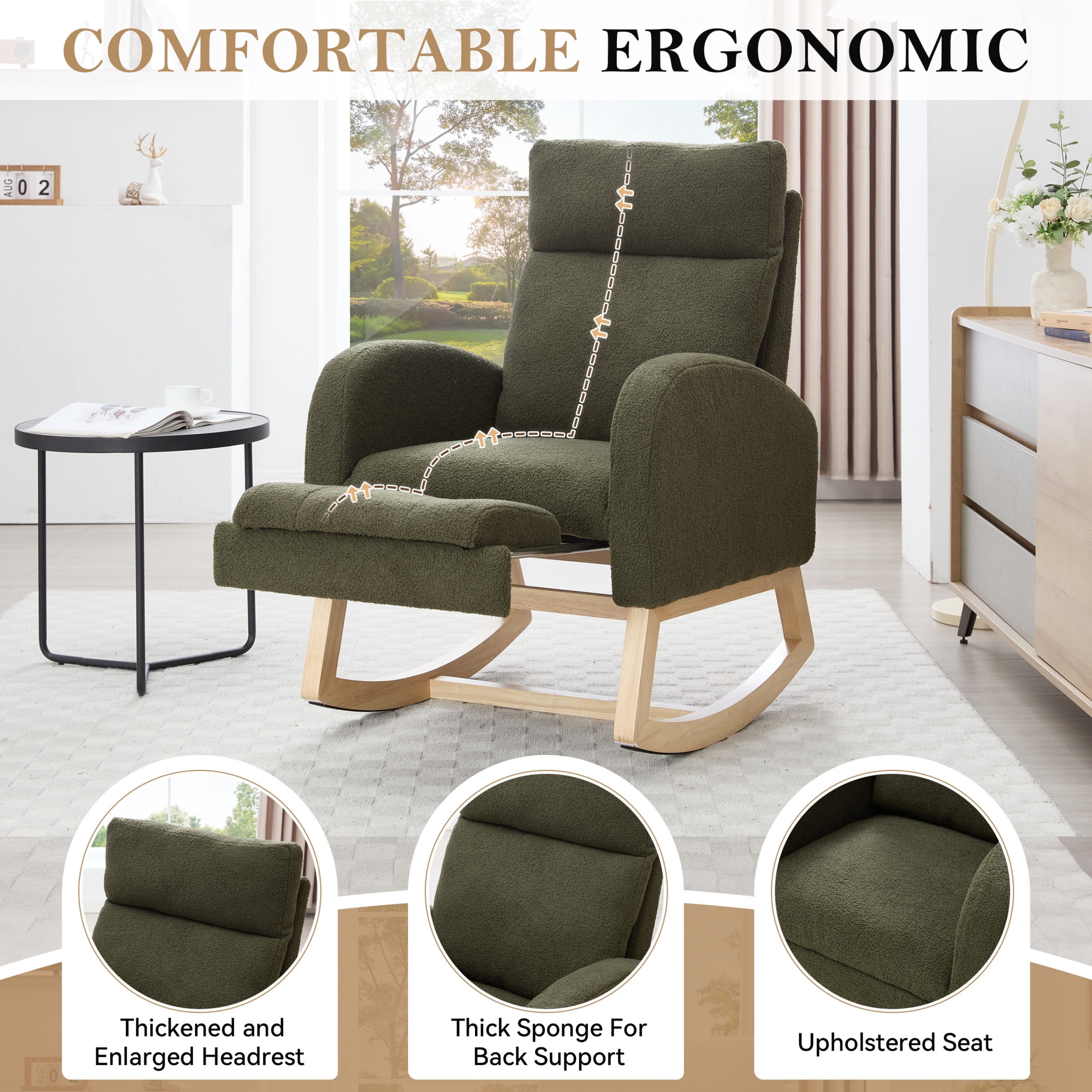 Noble House Arlais Teddy Nursery Rocking Chair with Adjustable Footrest, Comfortable Accent Glider Daybed, Green