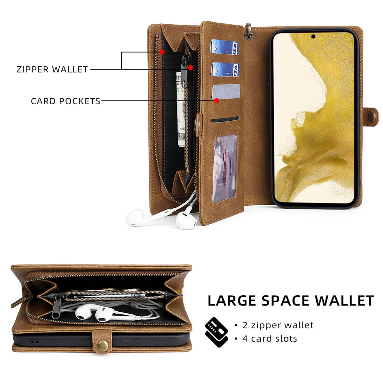 for Samsung Galaxy S24 Case for Women Men, Removable Durable PU Leather Magnetic Flip Strap Wristlet Zipper Purse Card Holder Detachable Wallet Phone Cases for Samsung Galaxy S24, Brown