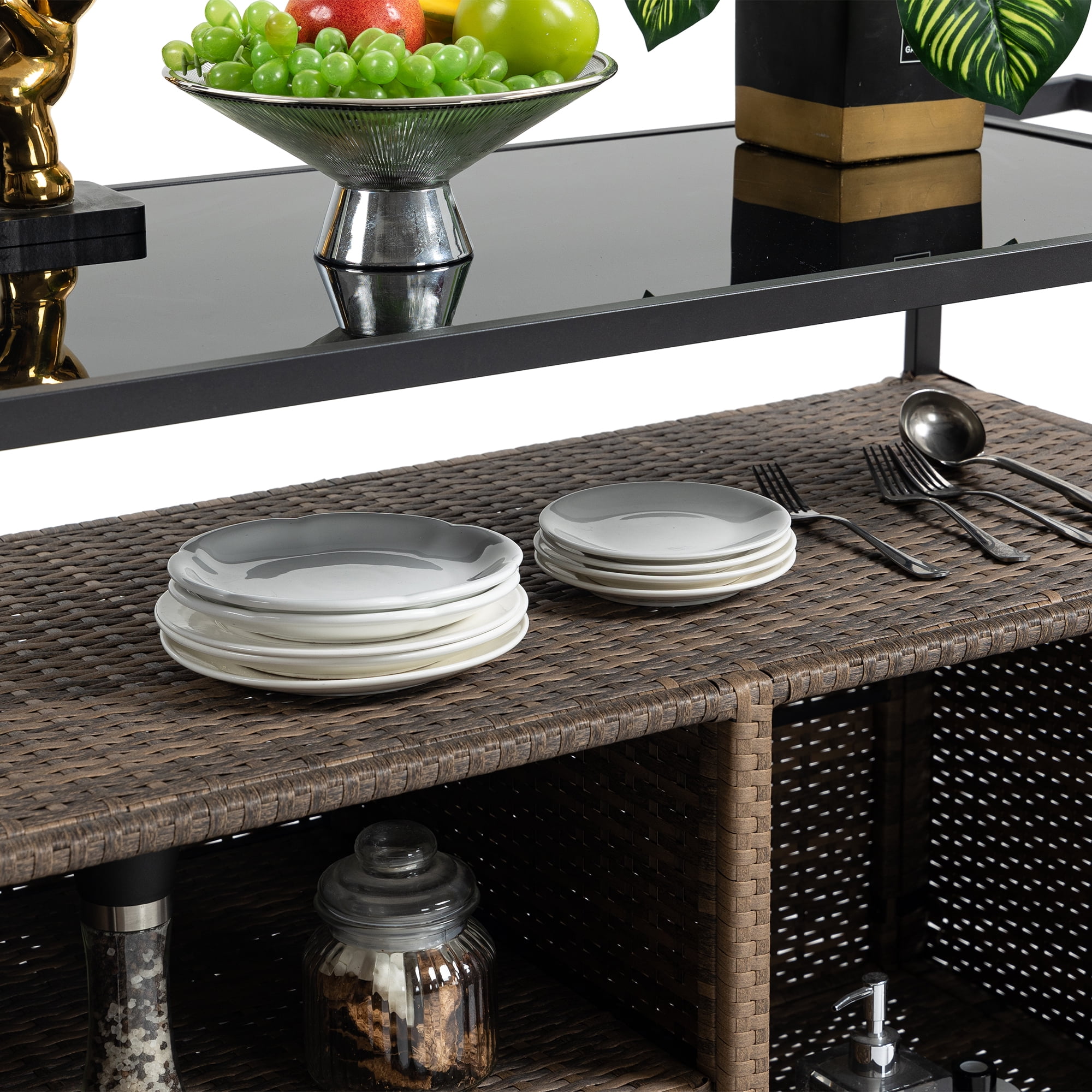 Euroco Outdoor Bar Serving Cart with Glass Top, 2-Tier Storage, Durable Metal Frame, 360° Lockable Wheels, Patio Beverage & Utility Trolley