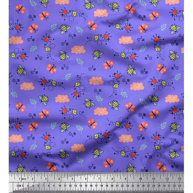 Soimoi Tissu en Coton Violet Imprimé Abeille et Insectes Betty 56 Pouces de Large