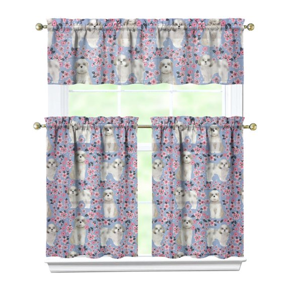Dog Print Kitchen Curtains 36 Inch Short - 3 Panel Set, Cute Puppy & Floral Design, Rod Pocket Pet Lover Curtains 100% Polyester, Paw & Bone Pattern for Kitchen, Living Room, Bedroom, Easy Wash