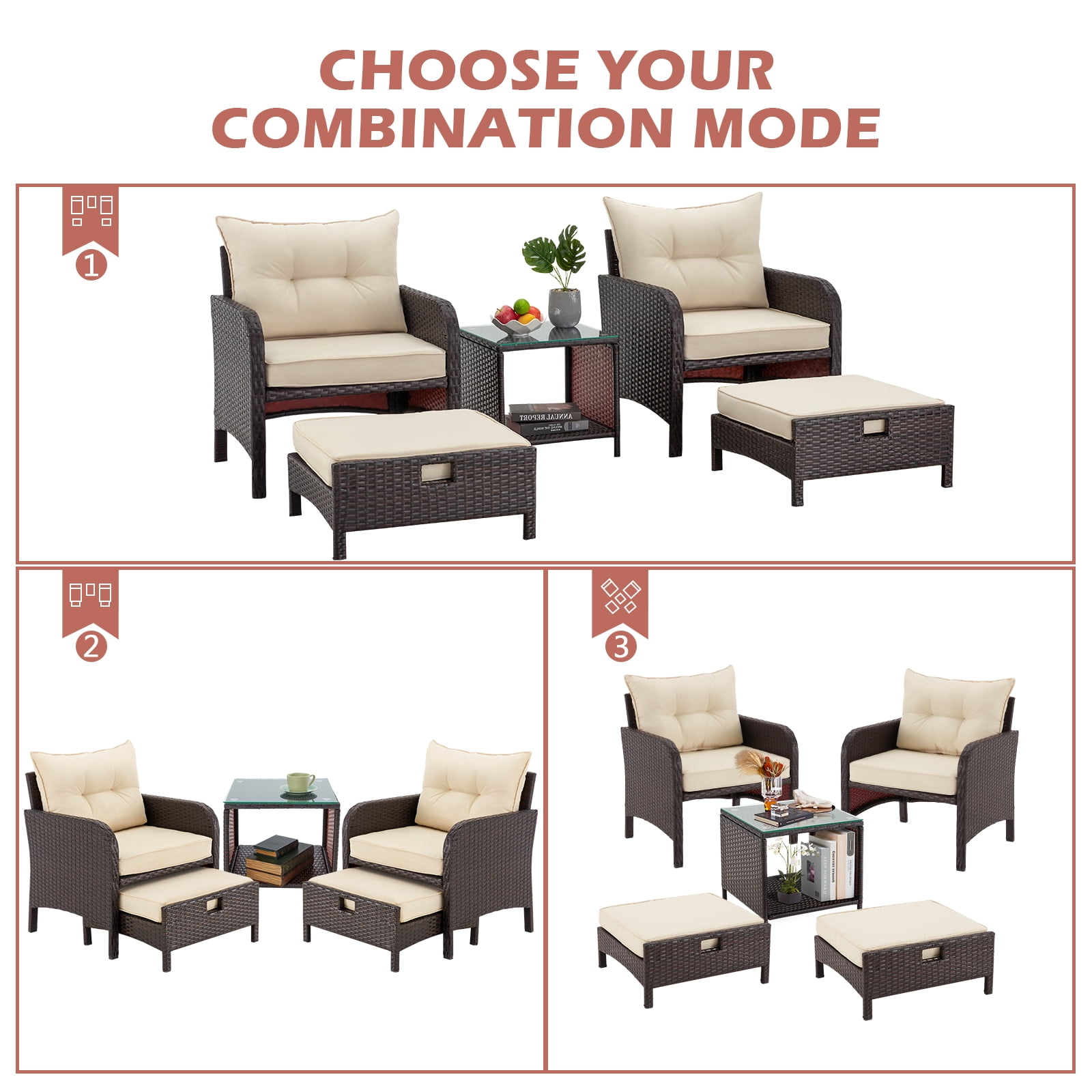 AVAWING 5 Piece Patio Furniture Set, Outdoor Rattan Conversation Sofa Set, Wicker Couch Set, Khaki