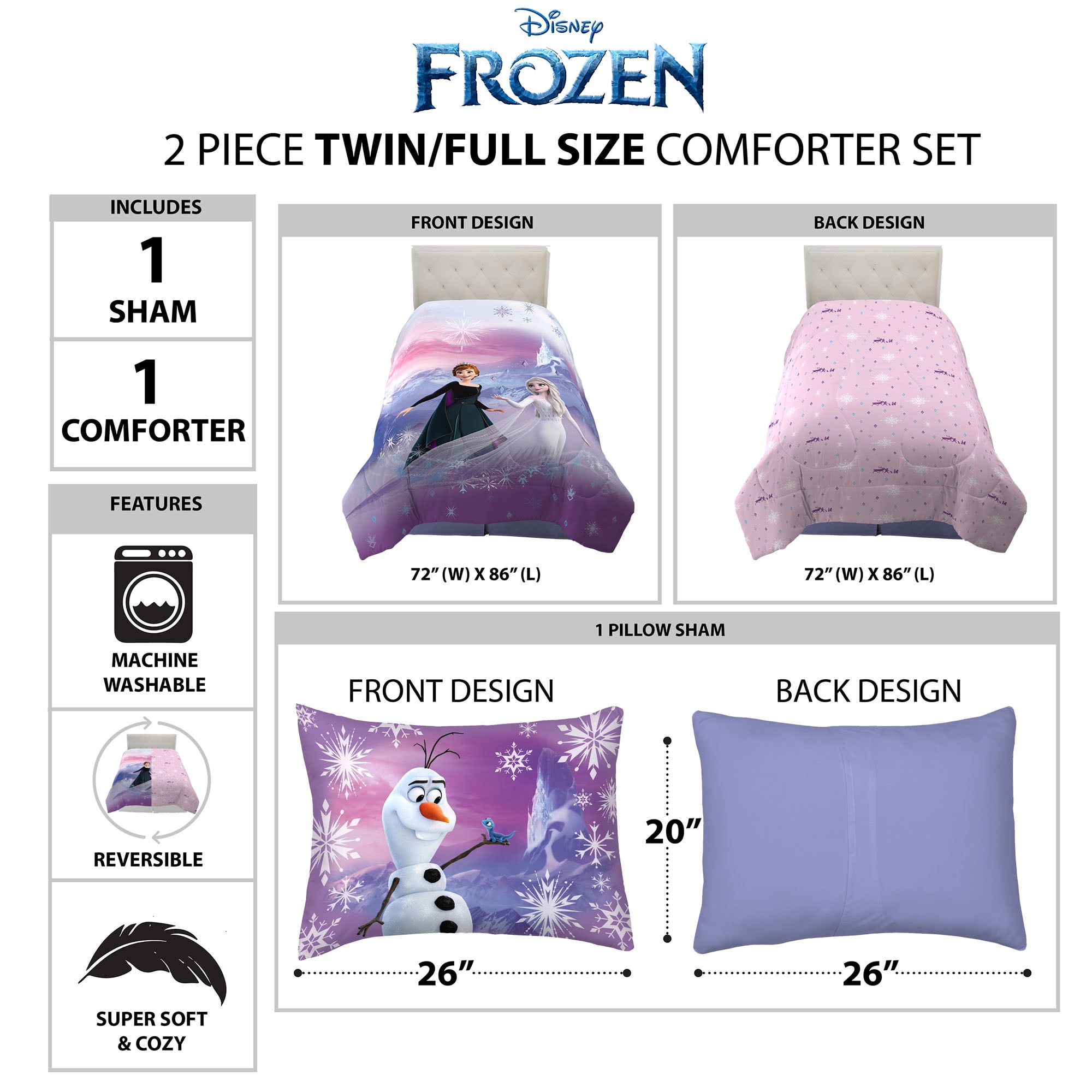 Disney Frozen Kids 2-Piece Twin/Full Comforter Set, Reversible, Microfiber