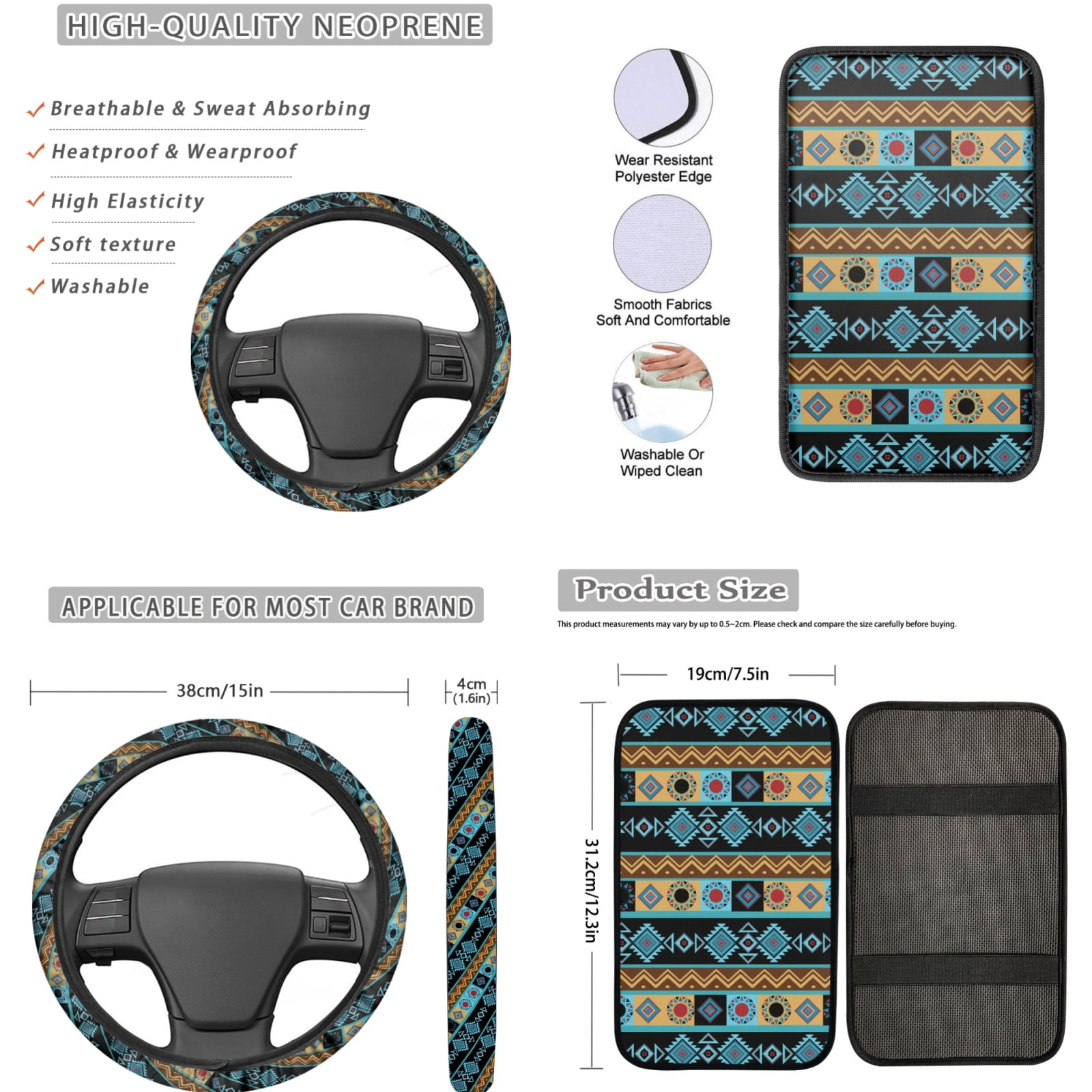 Jeiento Southwest Aztec Car Seat Cover Full Set Car Floor Mats Steering Wheel Cover Seatbelt Pad Armrest Cover Cup Coaster Keychains Lipstick Holder Tribal Ethnic Style Auto Accessories Set 17pcs