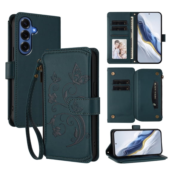 Phone Case for Samsung Galaxy S26 Wallet Cell Cover with Wrist & Shoulder Strap, Embossed Flower Flip Zipper Card Holder Slots Stand PU Leather Wallet Case for Women Girls Men Women, Darkblue