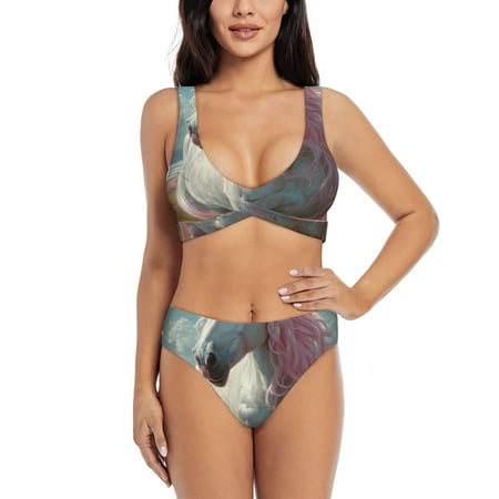 Zeuib Flower White Horse (2) High Waisted Tummy Control Bikini Set - Knot Front Push Up Top & Cheeky Thong Bottom  Two-Piece Swimsuit for Women-X-Large