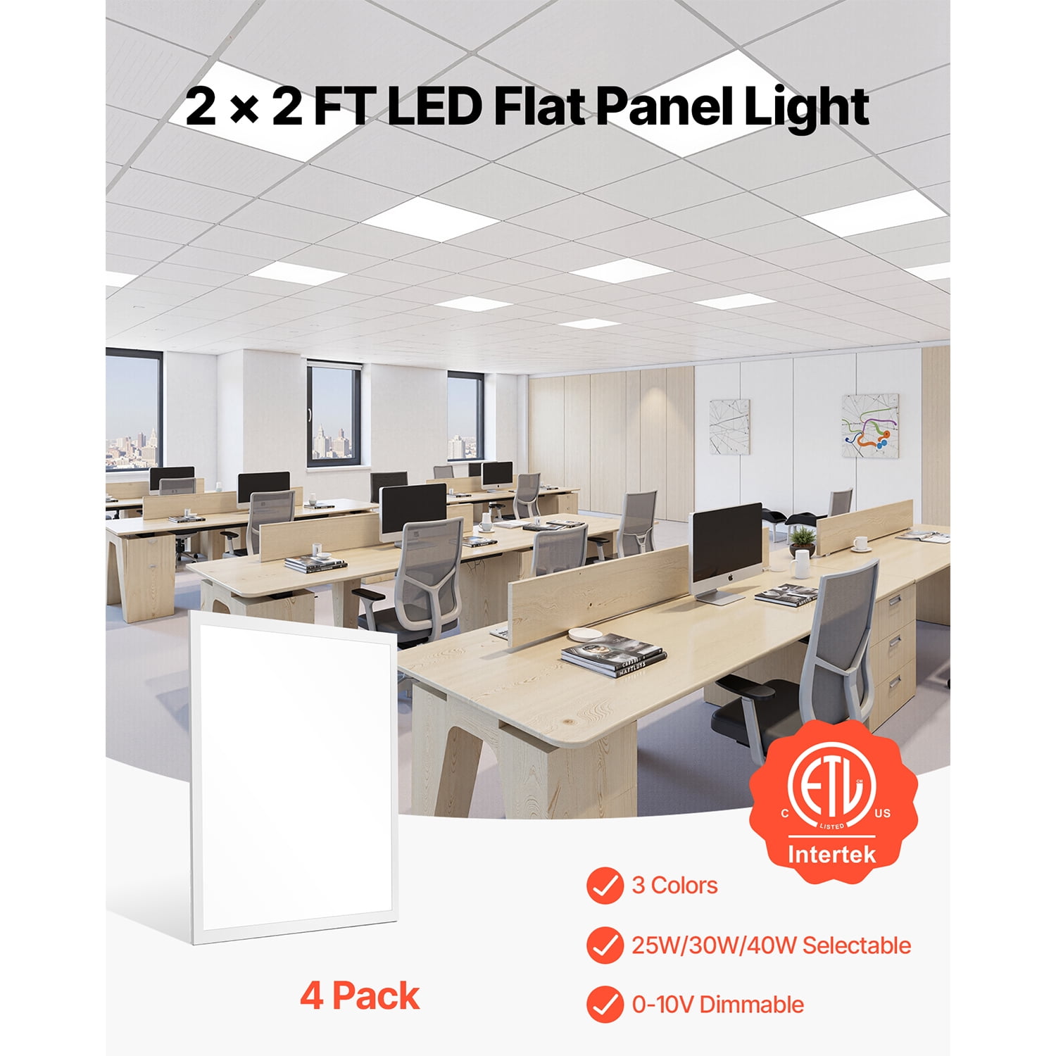 KFFKFF 2x2 FT LED Flat Panel Light, 5700 LM, Flush Mount LED Ceiling Fixture with Adjustable Color Temperatures 3000K/4000K/5000K, 25W/30W/40W, 0-10V Dimmable, Slim Design for Home and Kitchen