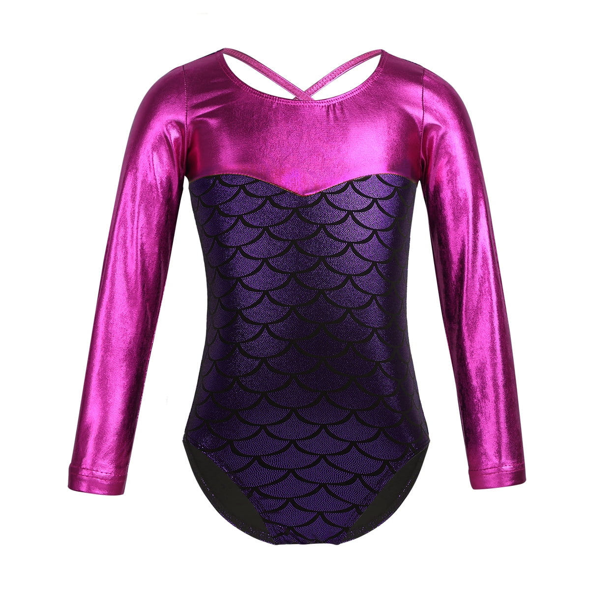 iiniim Girls Long Sleeve Fish Scale Metallic Gymnastics Leotard