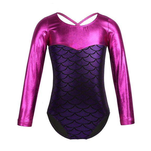 iiniim Girls Long Sleeve Fish Scale Metallic Gymnastics Leotard Swimming Purple 5