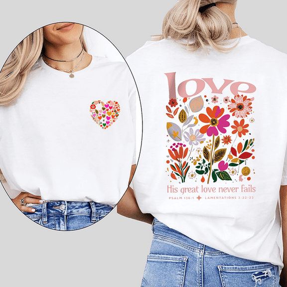 Inspiring Love His Great Love Never Fails Bible Verse Tshirts Lamentations 3:22-23 Scripture Graphic Tees Faith Based Religious Design Tops White,L
