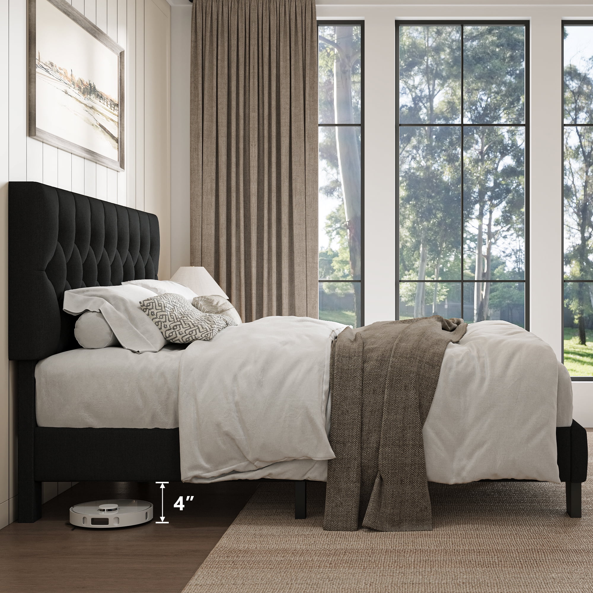 Honfach Queen Size Velvet Bed Frame with Upholstered Button Tufted Headboard, Platform Bed with Wooden Slats Support, Black