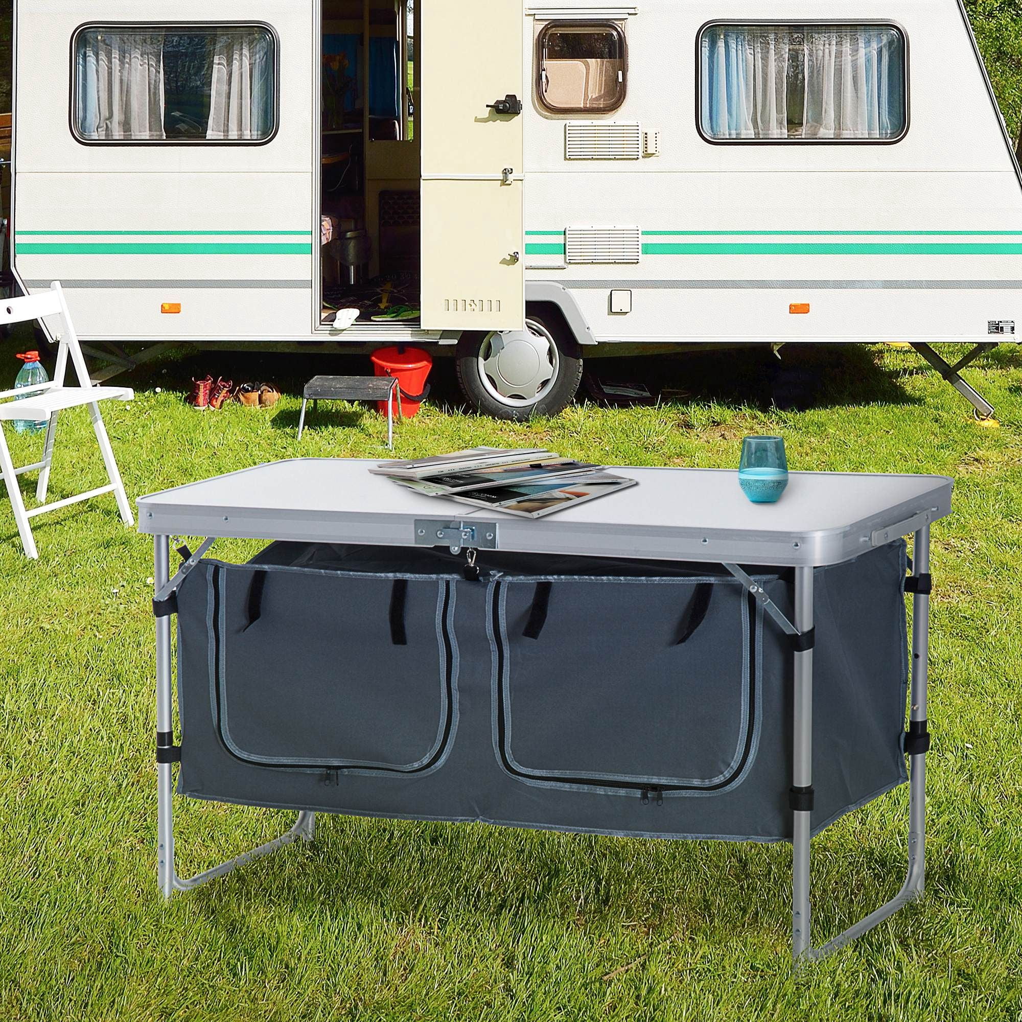 3 Height Adjustable Folding Camping Table with Zipper Oxford Storage Organizer, Aluminum Frame Solid MDF Tabletop Portable Outdoor Foldable Table Supports 55lbs for Picnic BBQ Tailgating Pebbles