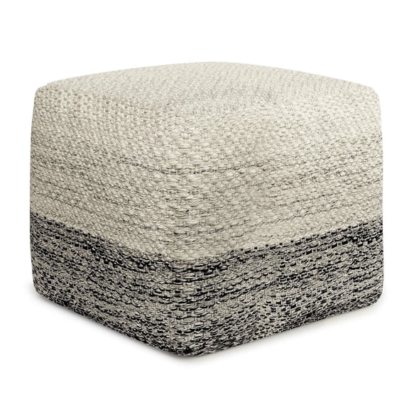 Simpli Home Macie 18 inch Wide Boho Square Pouf in Grey and White PET Polyester