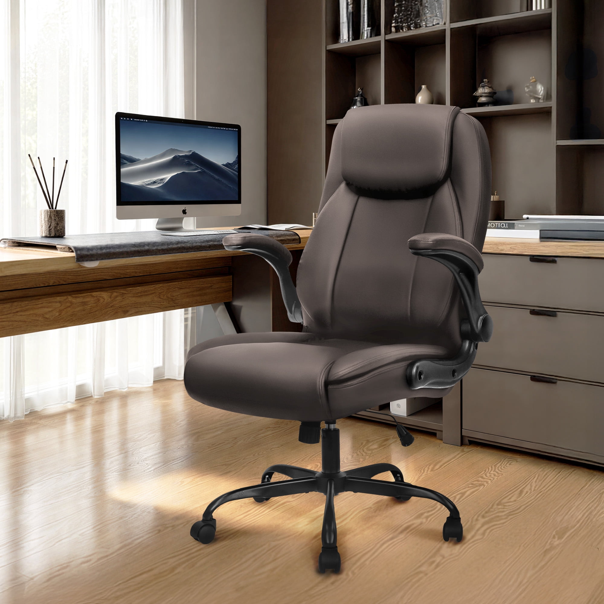 NEO CHAIR Executive Office Chair, Ergonomic High back Cushioned, Wide Leather Seat 8 Hours Heavy Duty Design, Flip Up Armrest Computer Desk Chair, Brown