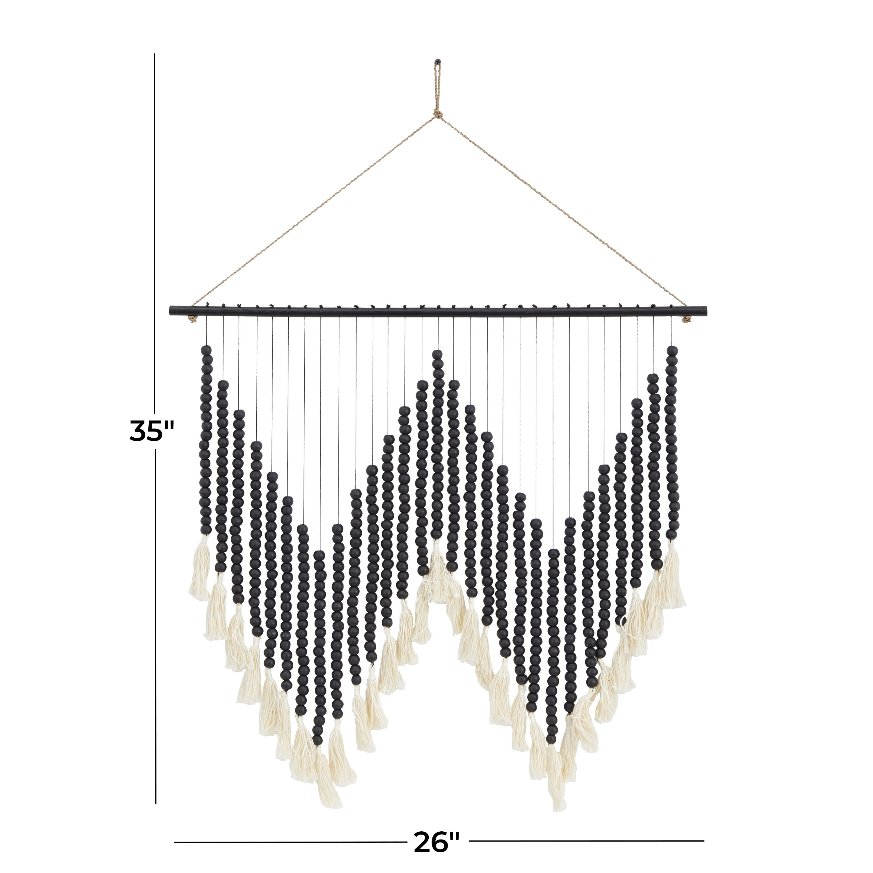 CosmoLiving by Cosmopolitan Black Wood Macrame Handmade Beaded Home Wall Decor with Fringe Tassels, 26" x 1" x 35"