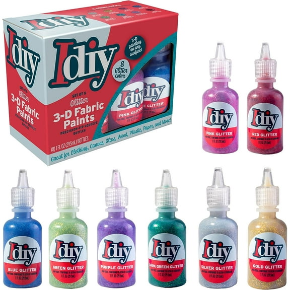 DIY Fabric Paints (8 GLITTER Colors) 1oz bottles- Ultra Bright 3D Fabric T Shirt Clothing Soft Paint, Non-Toxic Water-Based, Washable, Permanent, Classroom, Kids Birthday Party Art Craft, Summer Camp