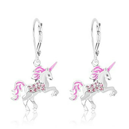 Children's Earrings - White Gold Tone Pink Enamel Unicorn Crystal Earrings with Silver Leverbacks Baby, Girls,