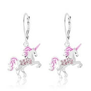 Children's Earrings - White Gold Tone Pink Enamel Unicorn Crystal Earrings with Silver Leverbacks Baby, Girls, Children