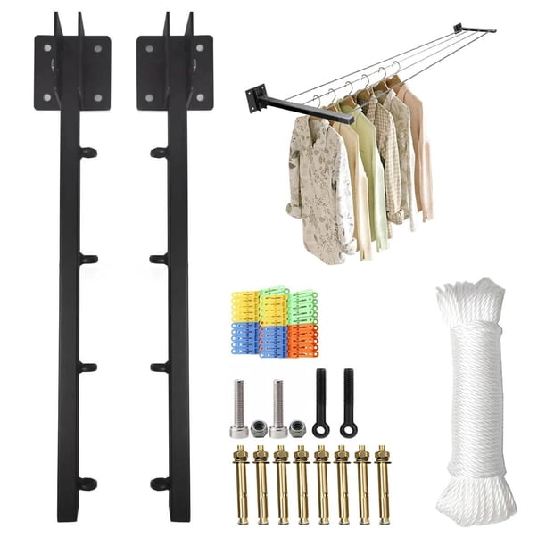 Tendedero Plegable para Ropa Pared con 40 Clips y Cuerda de 20M Ajustable Tendedero Abatible para Exterior e Interior Estante de Secado Pared para Colgar Ropa en Balcón Baño Jardín 4 Líneas