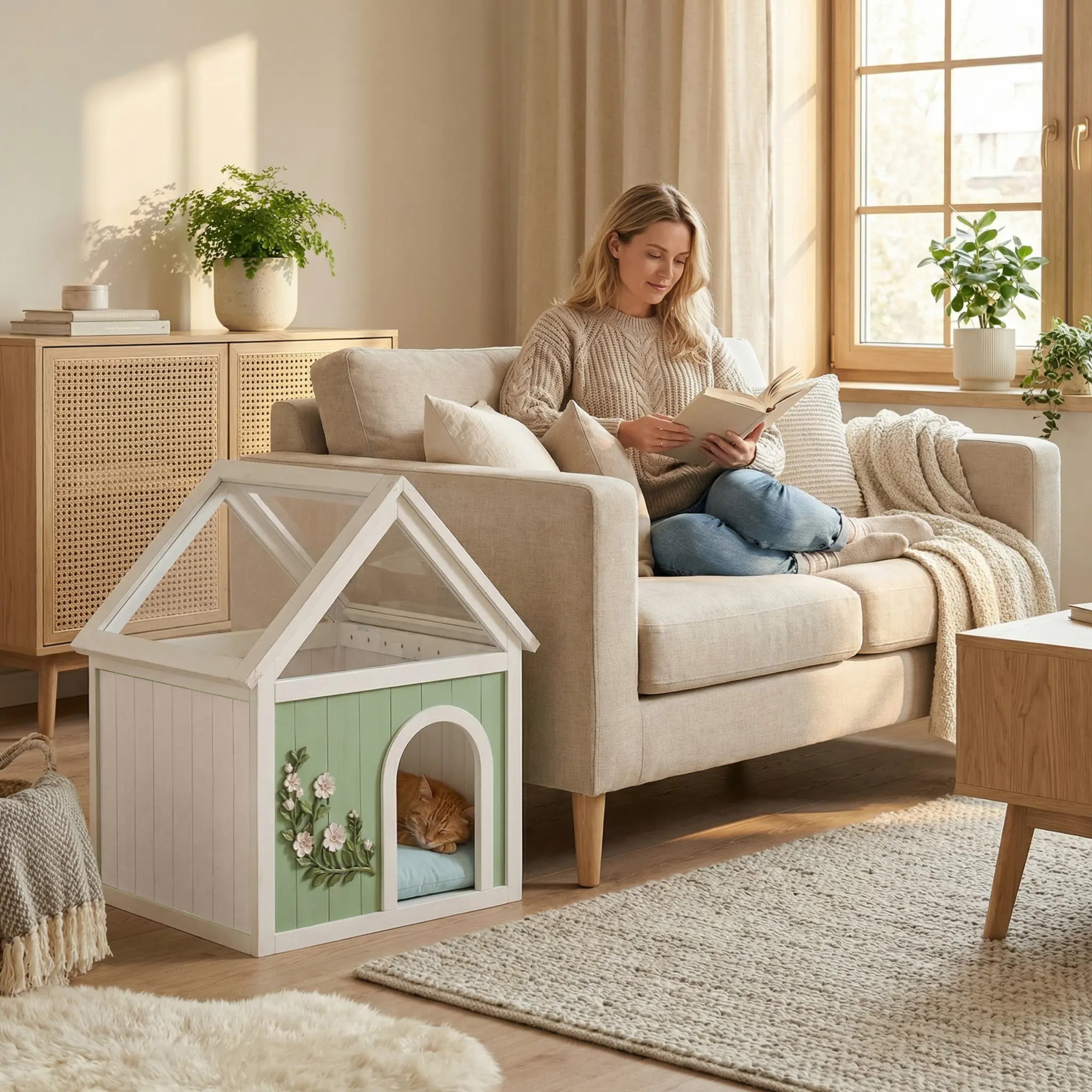 EcoLux FSC-Certified Solid Cedar Indoor Pet House – Acrylic Gabled Roof, Floral Carved Cat Furniture, Luxury Dog House Indoor for Small Dogs & Cats