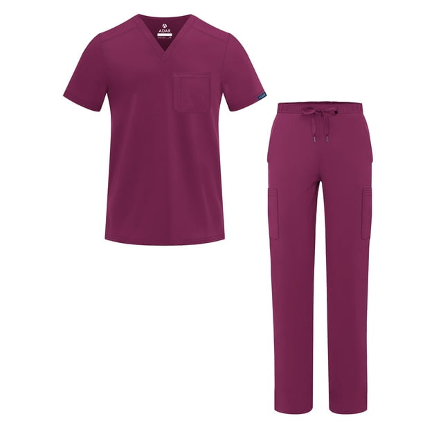 Adar Addition Go-Basic Scrub Set for Men - Classic V-Neck Scrub Top & Cargo Scrub Pants - A9300 - Wine - XXS