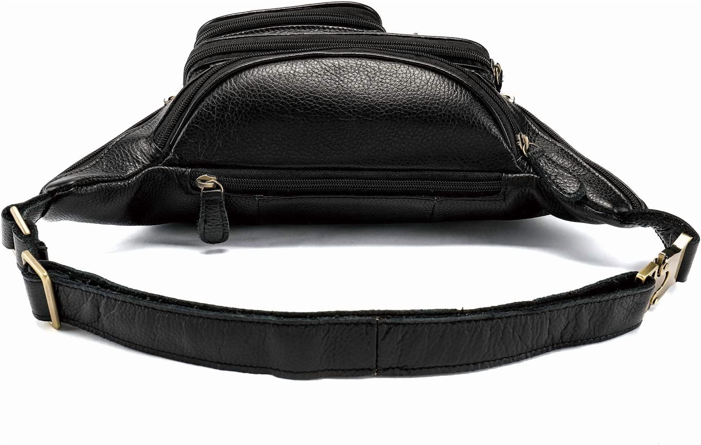 MARRANT Genuine Leather Fanny Pack for Men, Large Capacity Crossbody Waist Bag with Multiple Zipper Pockets, Black