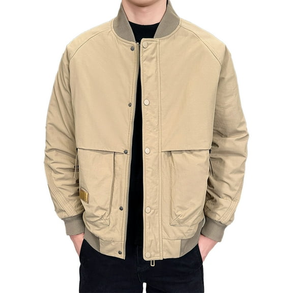 Admvng Jackets for Men Casual Stand Collar Zip Up Cargo Jacket Thickened Winter Coat Pockets for Daily Outdoor Wear Fleece Jacket L-5XL