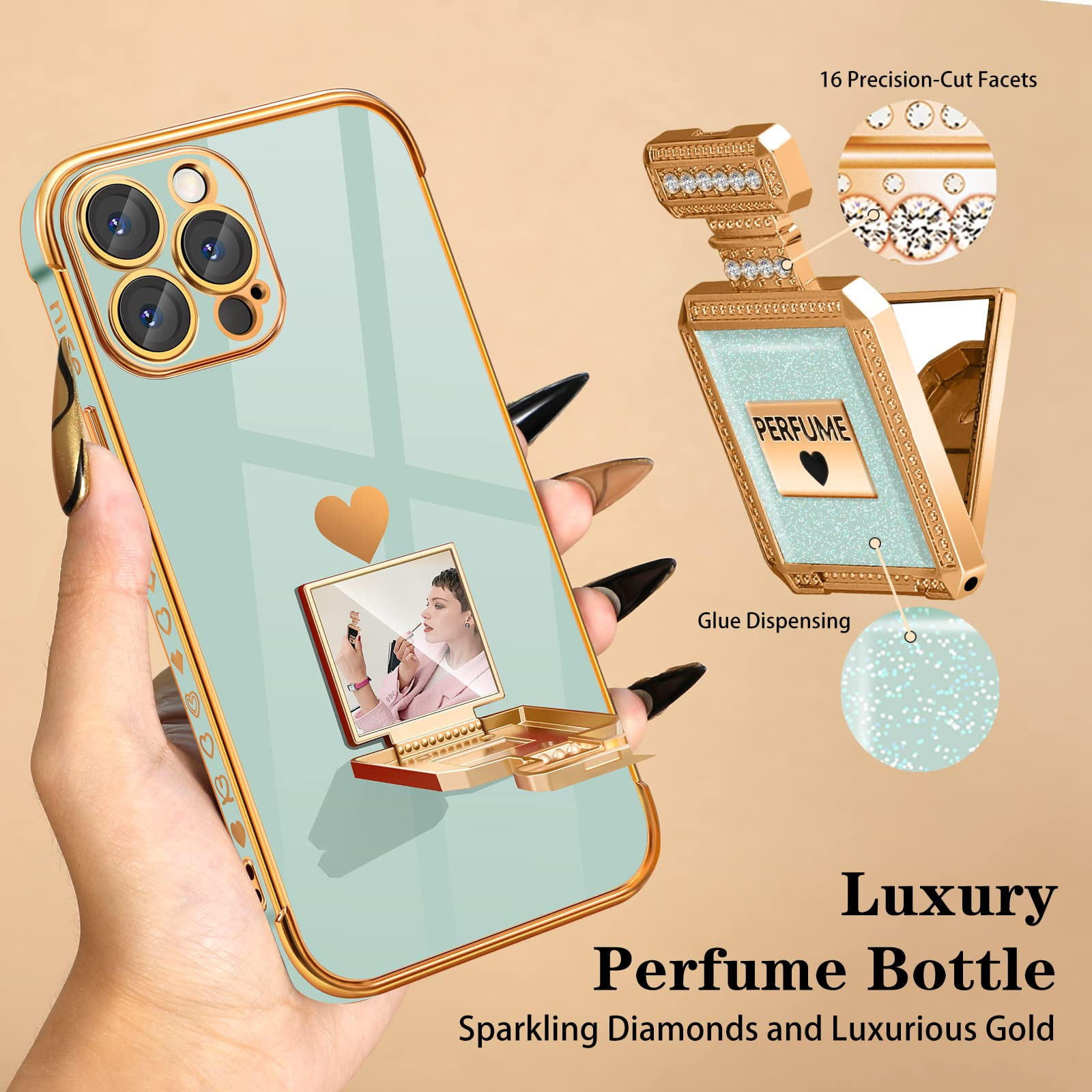 TINTON Elegant Luxury Phone Cover Compatible with iPhone 15 Plus Case, Love  Heart Plating Case with Perfume Mirror Stand, Cute Women Girly Designer