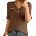 thumbnail image 2 of ALLLIST Ribbed Womens Tops Elbow-Length Henley T-Shirts Brown Plain Casual Shirts for Women, 2 of 3