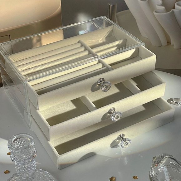 Jewelry Organizer Box for Women 3 Drawers, Acrylic Jewelry Box, Jewelry Organizer Box, Velvet Jewelry box for Earring Necklace Bracelet, Jewelry Storage Holder Organizer,Gift for Girls(Beige)
