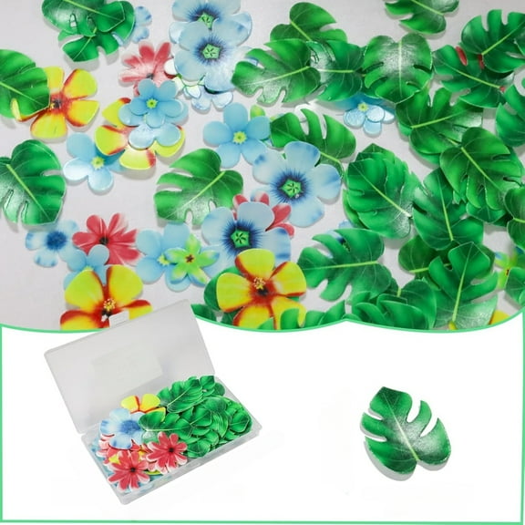 WuPing Edible Tropical Turtle Leaf Flower Cupcake Toppers Wafer Paper Palm Leaf Flower Cake Toppers, 48 Leaves 35 Small Flowers