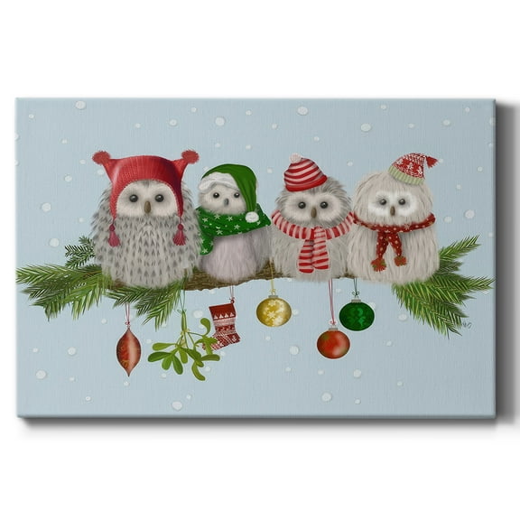 Christmas Fluffy Christmas Owls on Branch- Gallery Wrapped Canvas