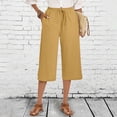 thumbnail image 2 of Women's Cotton Linen Capris Summer Drawstring Wide Leg Pants Casual High Waisted Trousers with Pockets (XL, Yellow), 2 of 9