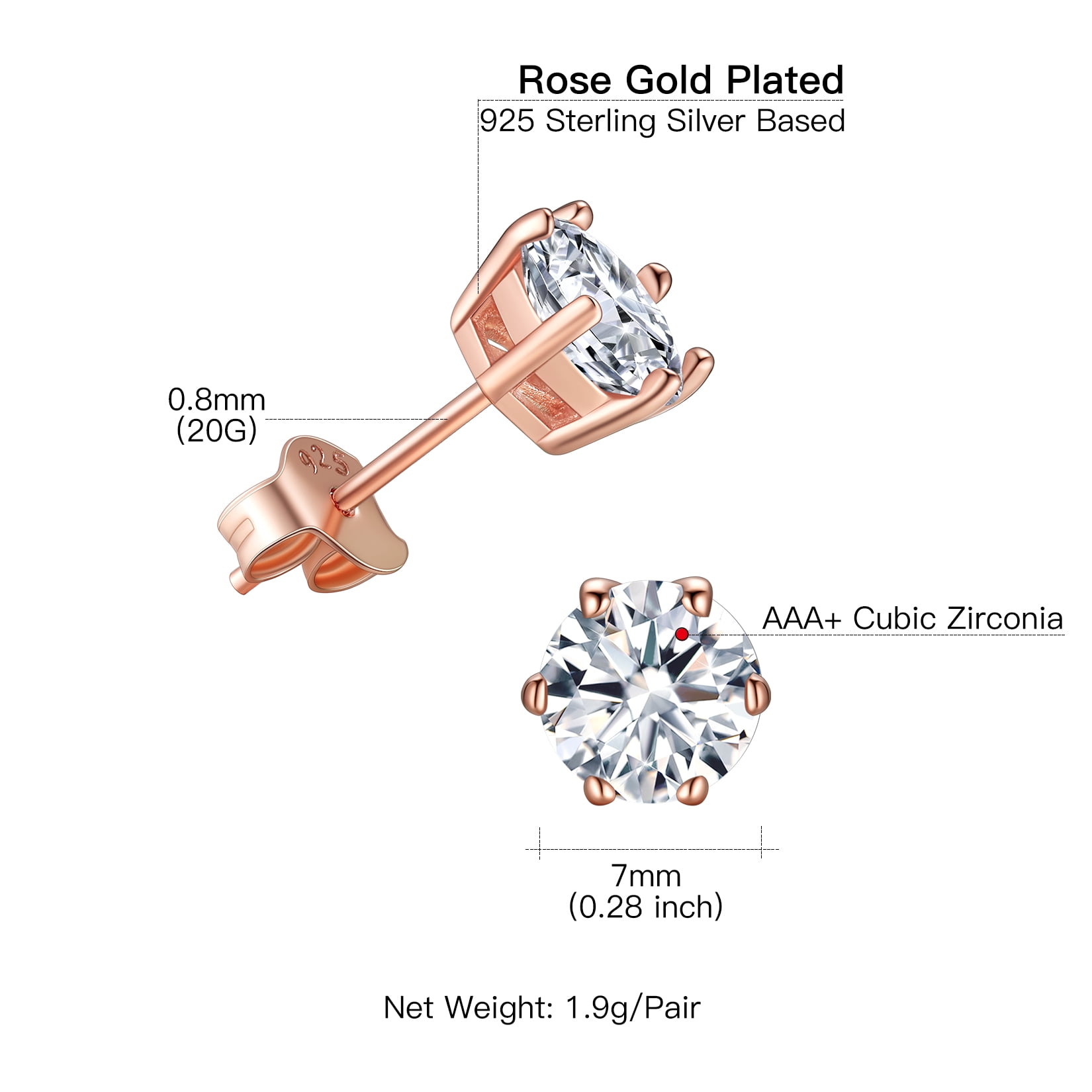 Suplight 925 Sterling Silver/Rose Gold Plated Simulated Diamond Black Cubic Zirconia Stud Earrings for Women Men