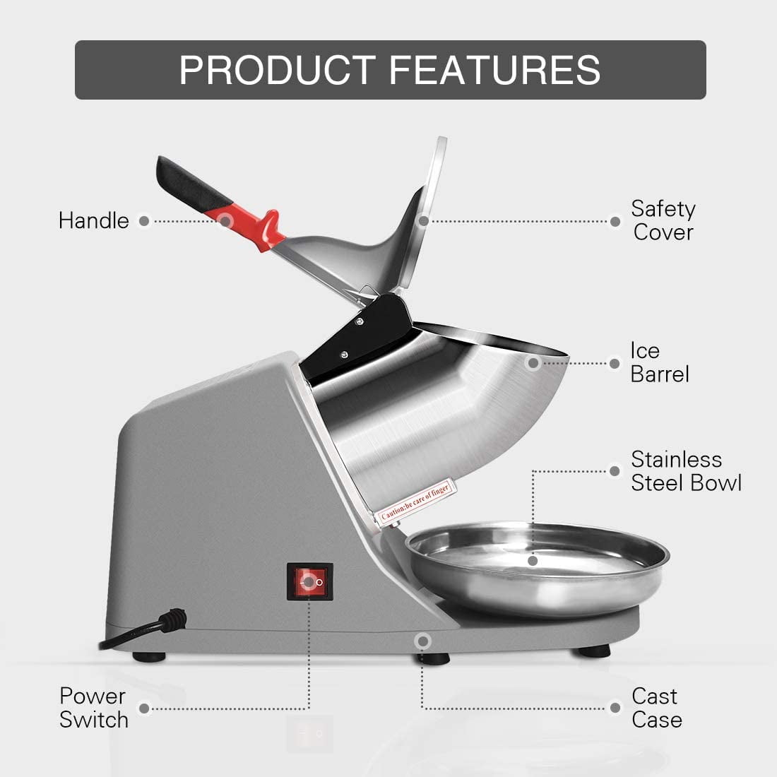 SPECSTAR Electric Ice Shaver Snow Cone Maker Machine Silver 143lbs/H for Home and Commercial Use