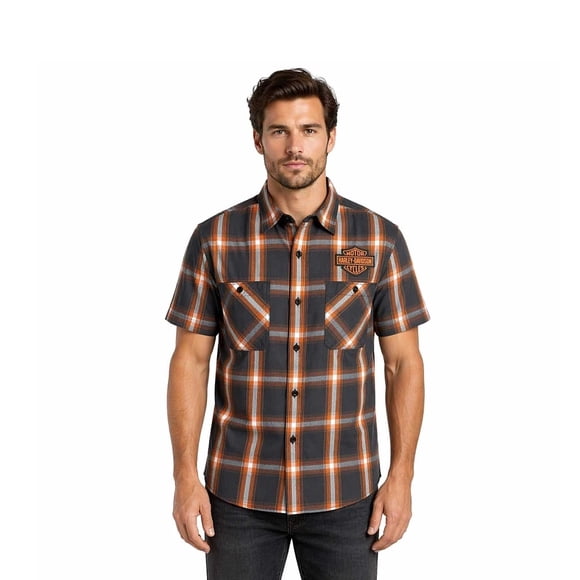 Harley-Davidson Chemise à Carreaux Orange Harley pour Homme Bar & Shield Incontournable P/P (344)