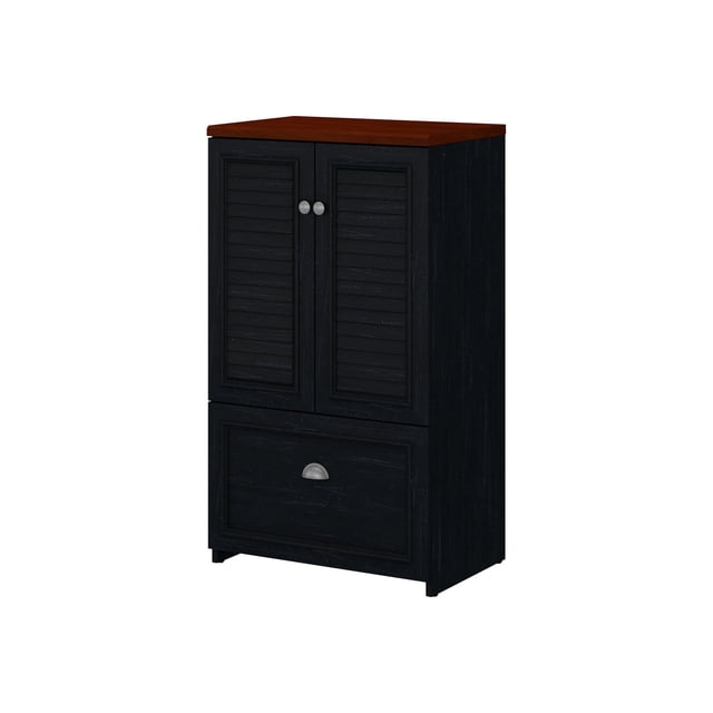 Bush Furniture Fairview 2 Door Storage Cabinet with File Drawer, Antique Black/Hansen Cherry