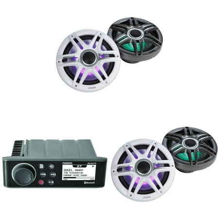 Fusion MS-RA70 Source Unit w/ ( 2 Pair ) Clarion CMSP-771RGB-SWG Premium 7.7-inch Coaxial Marine Speakers with built-in RGB illumination ( Includes White & Gray Sport Grilles)