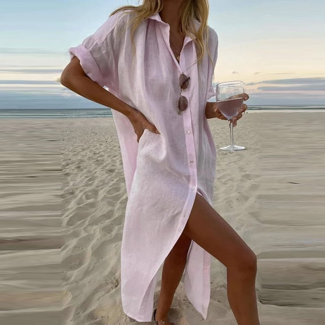 Mefallenssiah Robe Chemise à Manches Courtes en Coton et Lin à Col Rabattu pour Femmes Printemps et Été avec Poches