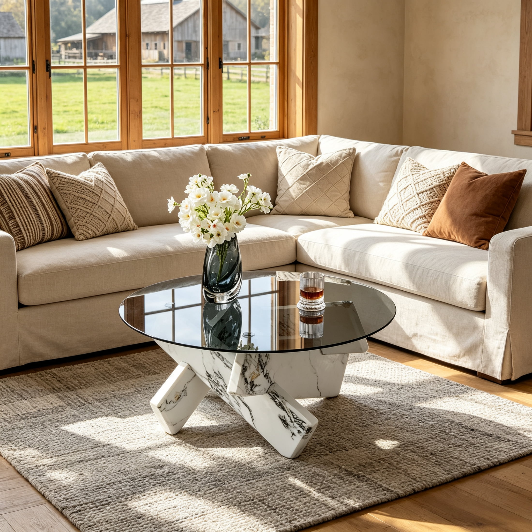 Vinform Round Coffee Table for Living Room, Gray Glass, White