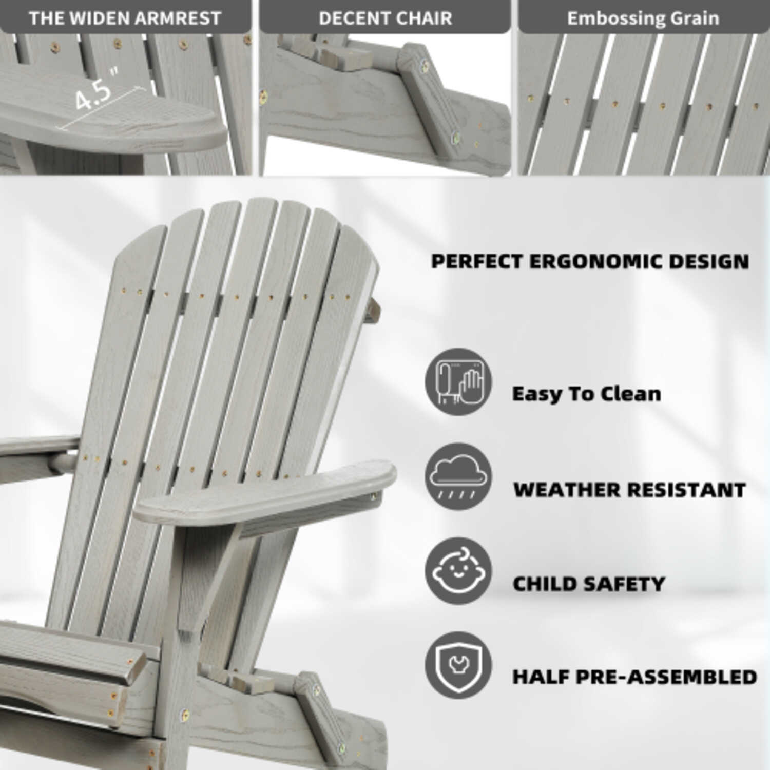 Solid Wood Folding Adirondack Chair Set of 2 with Embossed Grain for Patio & Garden