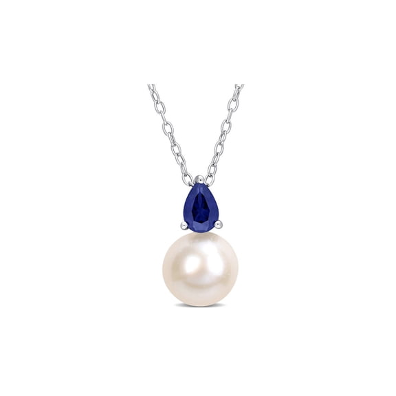 8.5-9mm Freshwater Cultured Drop Pearl Pendant Necklace with Lab-Created Blue Sapphire Sterling Silver with Chain for Women