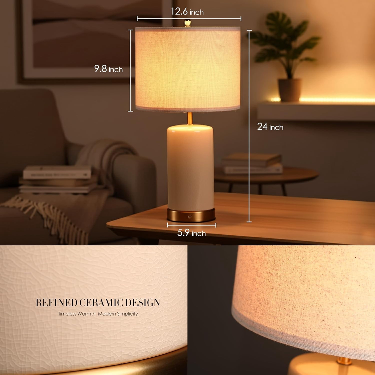 O’Bright Dune - Battery Powered Table Lamp, Rechargeable Cordless Ceramic Lamp, Full-Size 24 inch Height, 4-Level Dimming, Smart Safety Protection, LED Bulb Included, Cream White