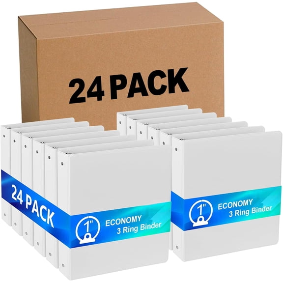 24 Pack Economy 3-Ring Binders, 1 Inch, Round Rings, 200 Sheet Capacity, ClearVue Presentation View, Non-Stick, White (24)