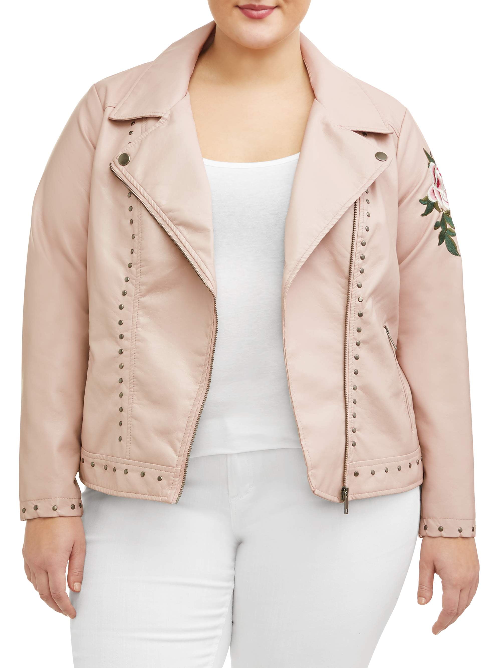 Women S Plus Size Mauve Studded Leather Jacket With Rose